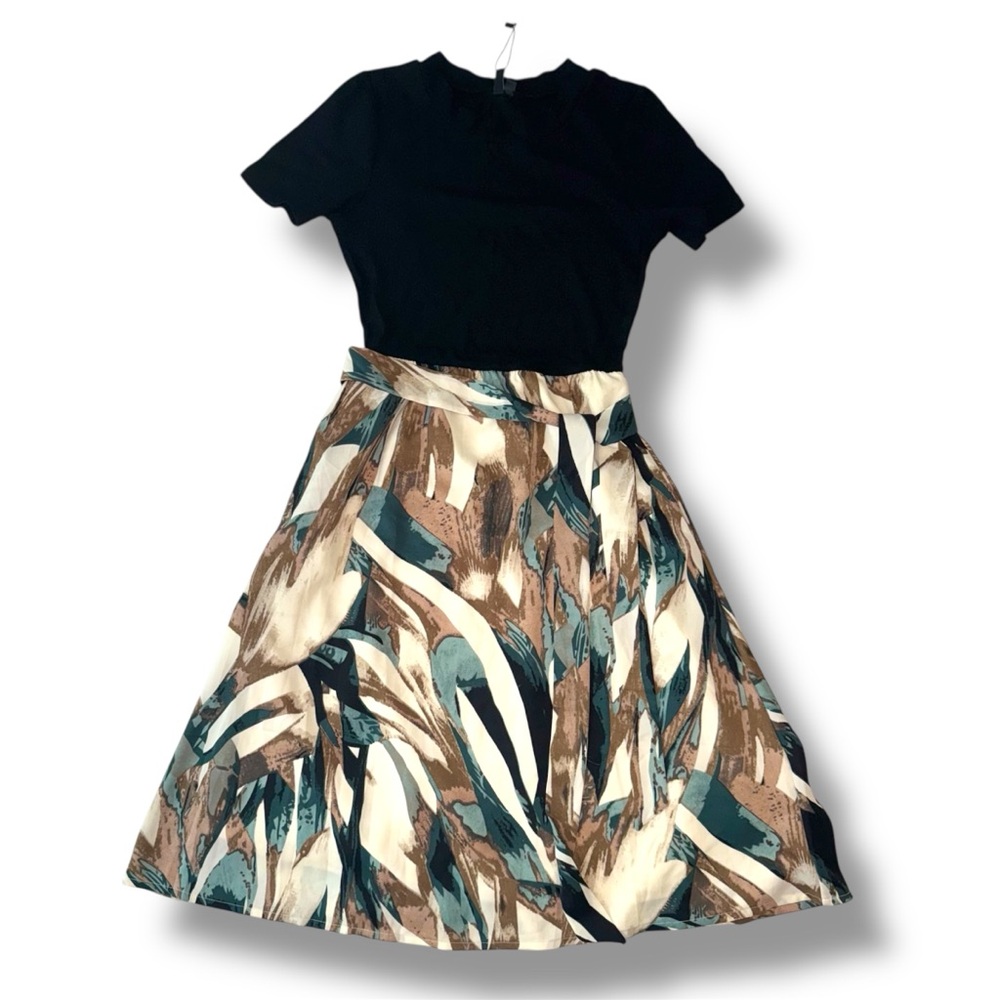 Black, Cream, Green Midi Dress with Stretchy Top Office Size XS Extra Small